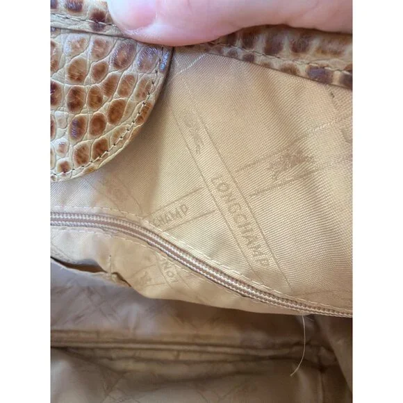 Longchamp Tan Croc-Embossed Roseau Leather Tote Handbag With Silver Toggle Closu